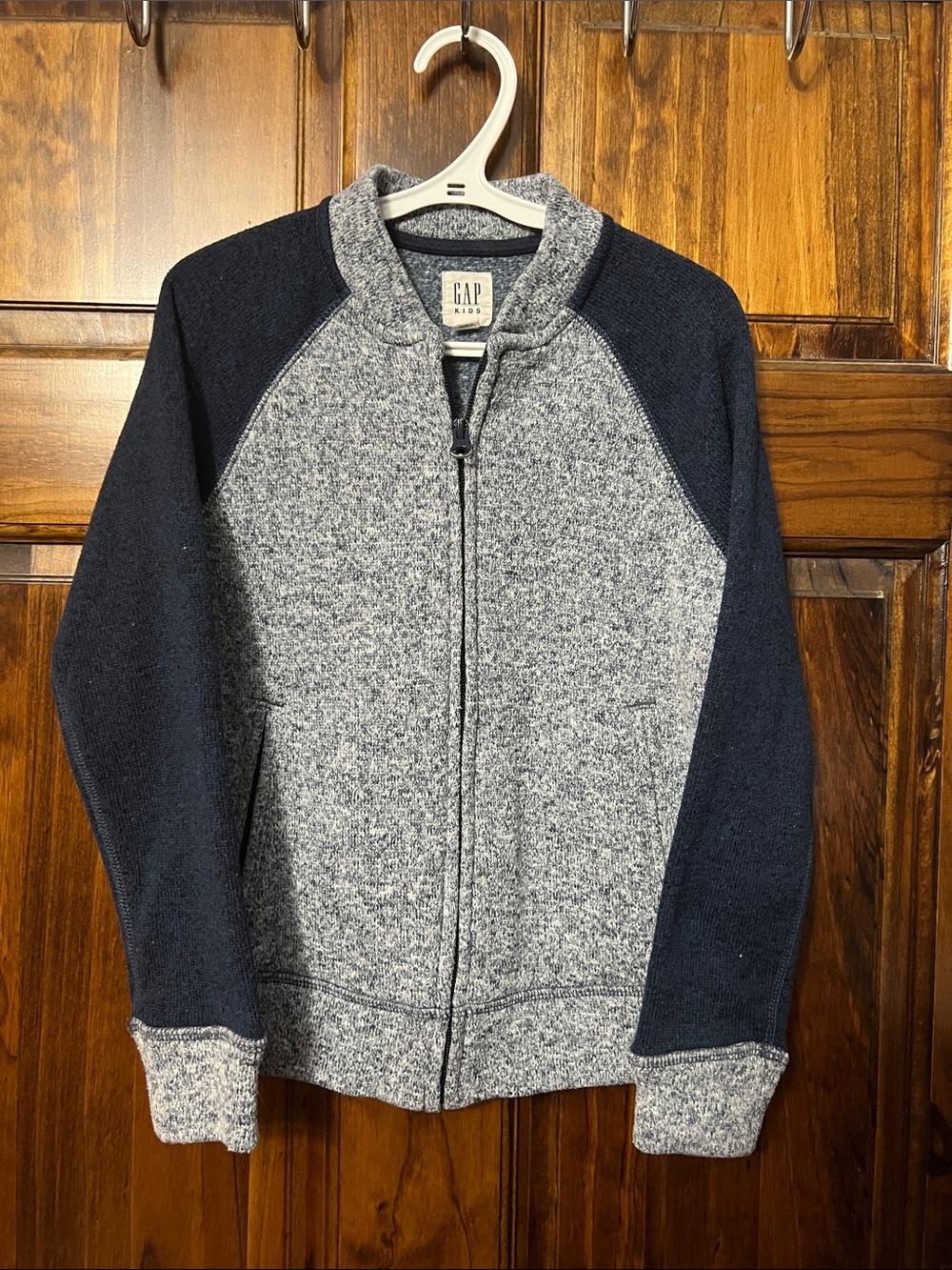 GAP Men's Gray Body with Navy Sleeves Zip-Up Sweater